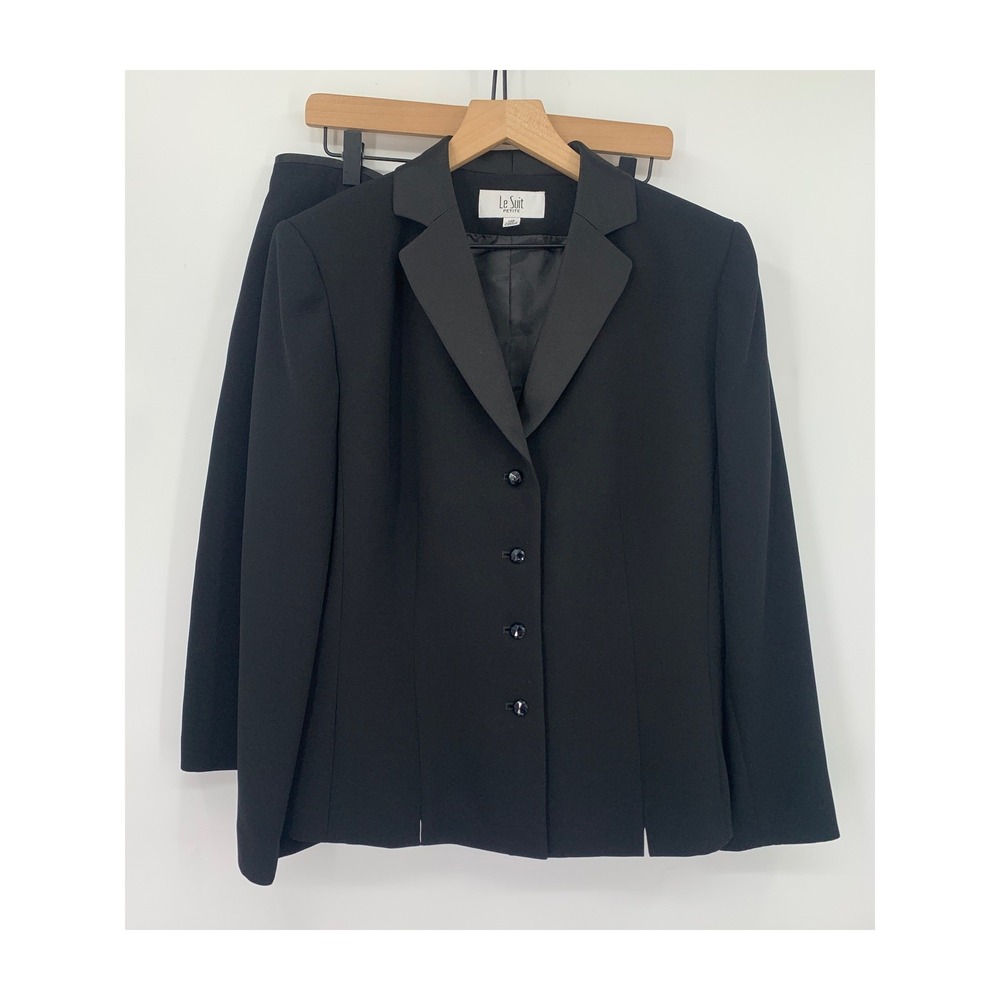 Le‎ Suit Skirt Suit Womens 14P Black Blazer Skirt Tuxedo Lapel Career Formal NEW